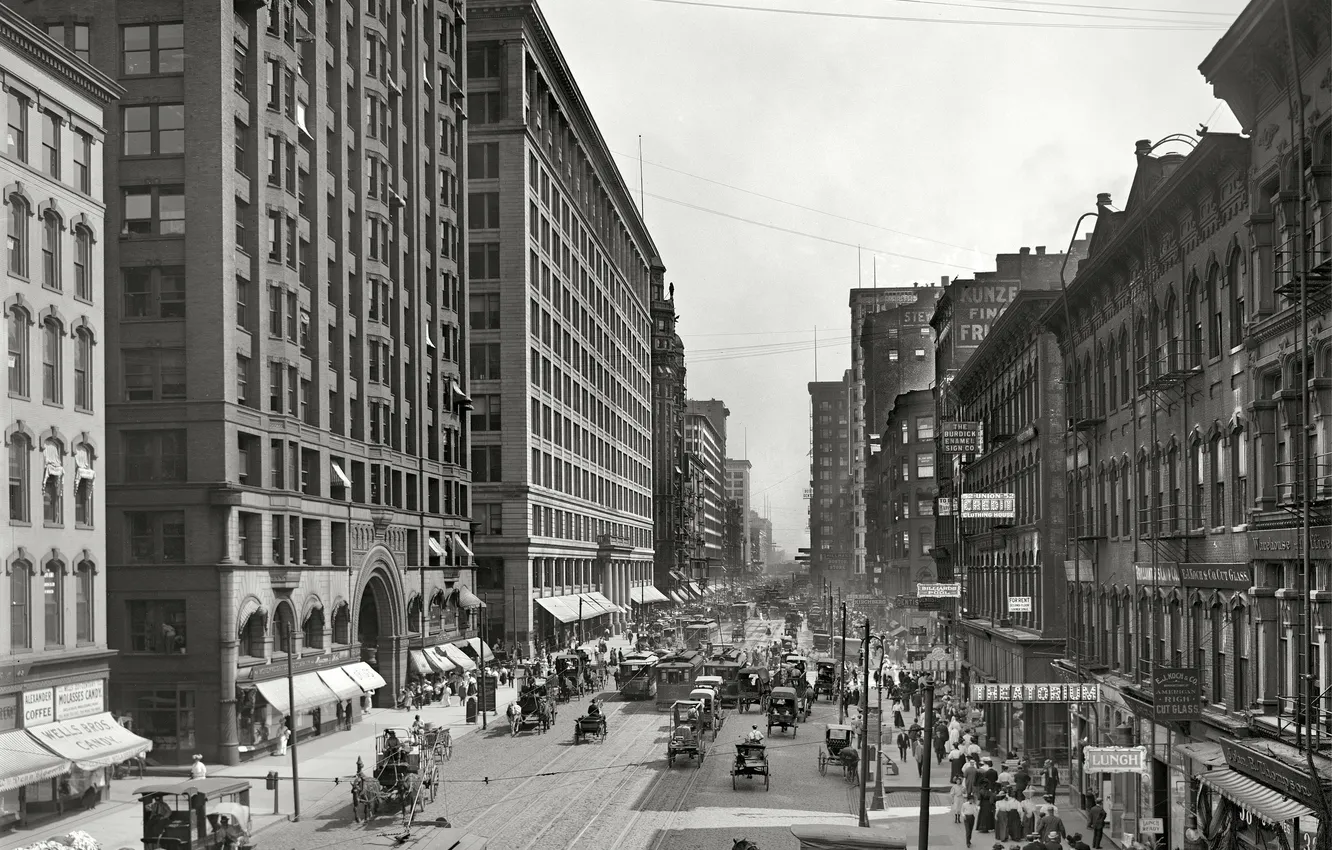 Фото обои люди, улица, Чикаго, 1907, конка