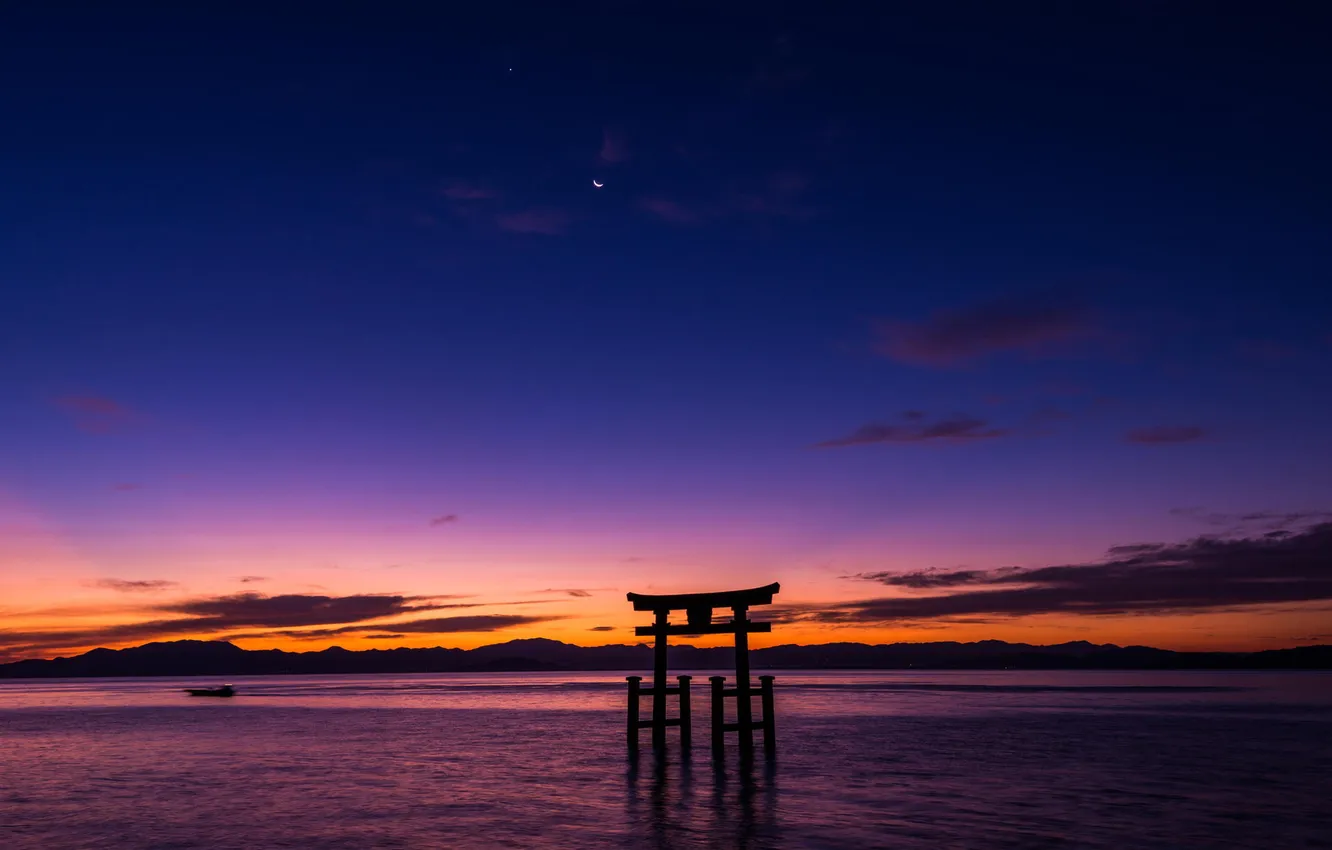 Фото обои пейзаж, горы, океан, рассвет, ворота, Япония, арка, Ицукусима