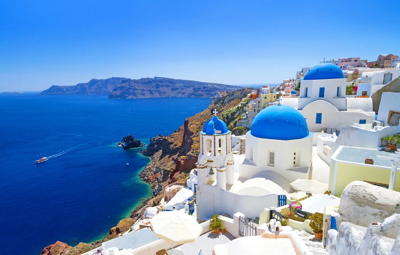 Фото обои море, небо, остров, дома, Санторини, Греция, купол, santorini