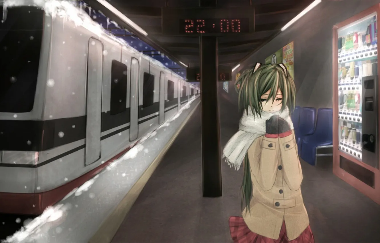 Фото обои девушка, снег, метро, поезд, станция, вагоны, vocaloid, hatsune miku