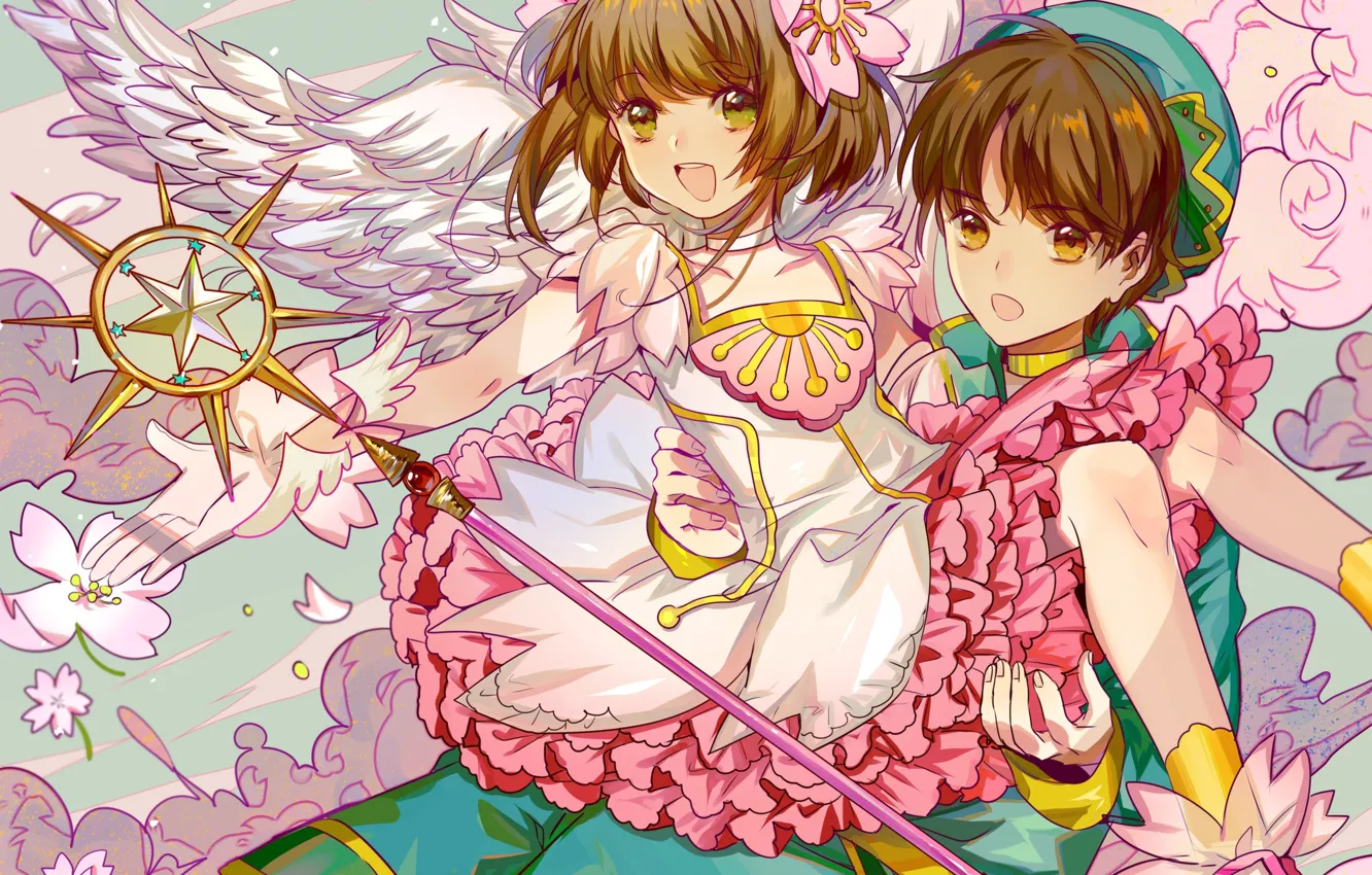 Фото обои крылья, ангел, весна, мальчик, арт, девочка, двое, Card Captor Sakura
