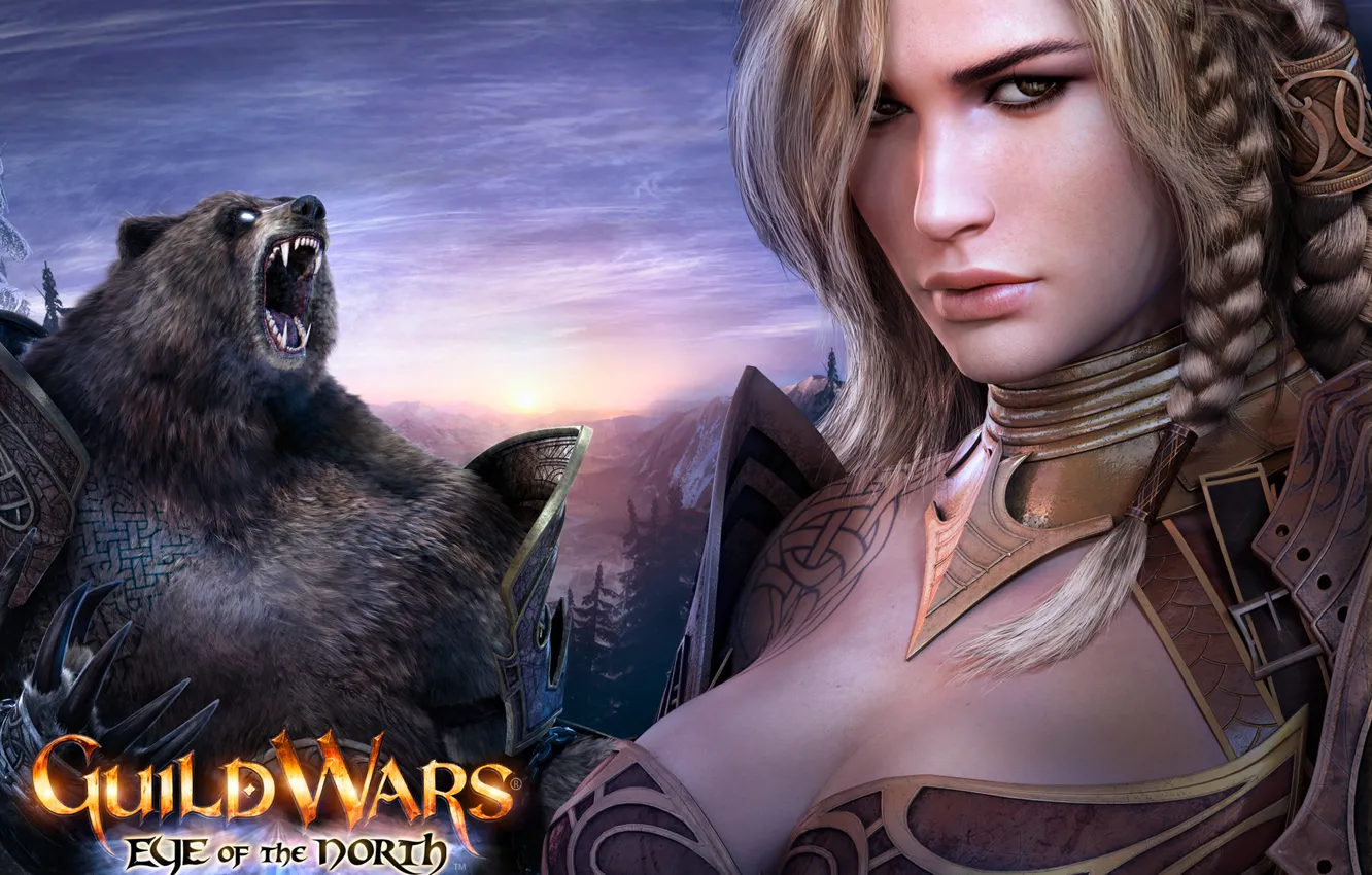 Фото обои девушка, игра, медведь, guild wars eye of the north