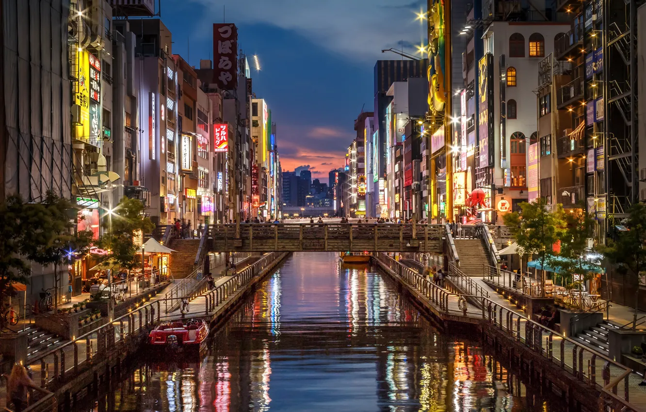 Фото обои ночь, мост, огни, река, дома, Япония, фонари, канал