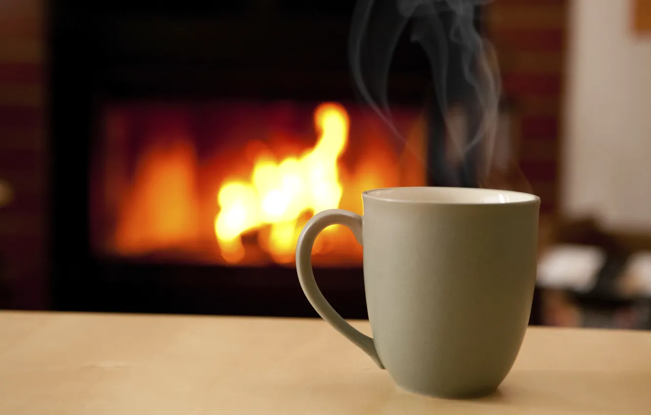 Фото обои тепло, огонь, кофе, горячий, кружка, чашка, камин