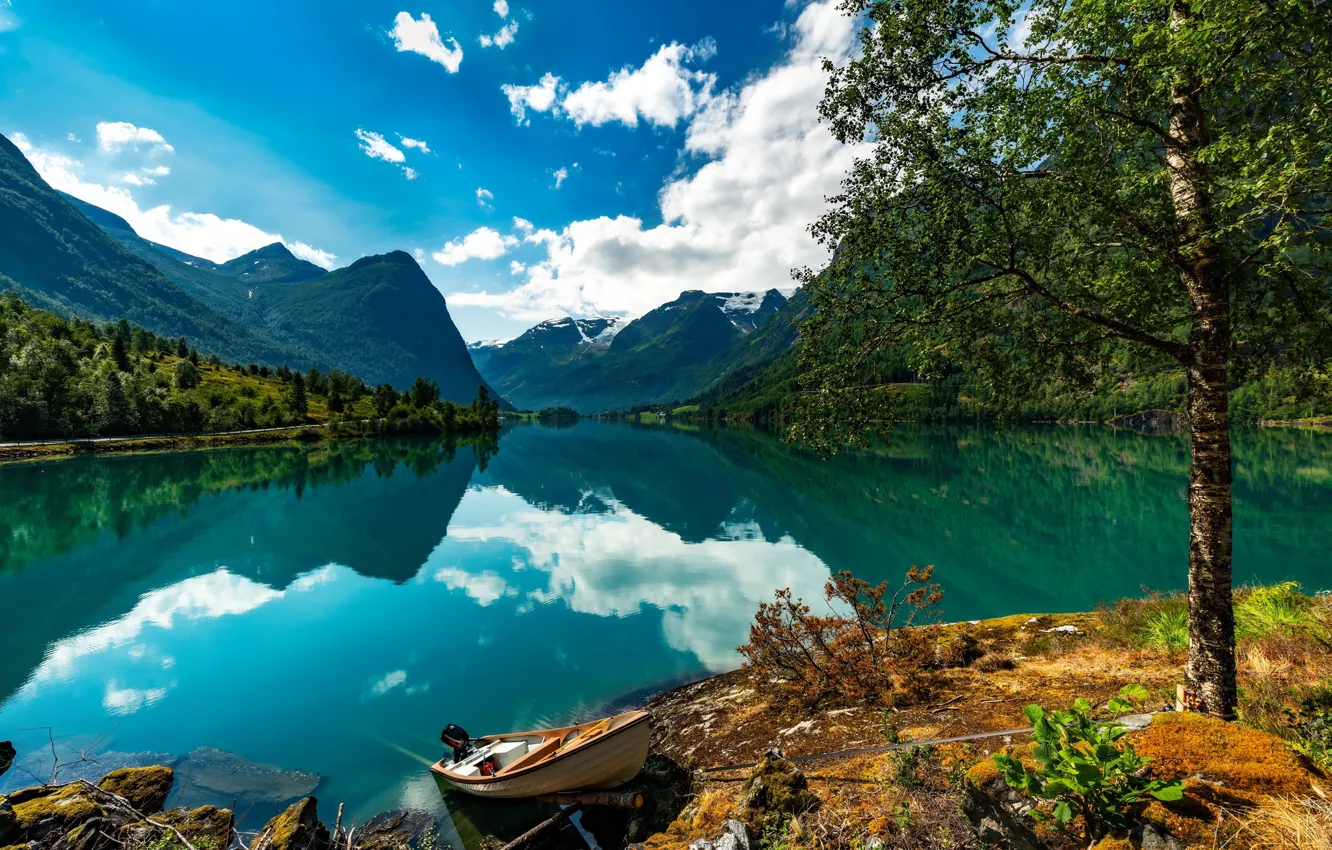 Фото обои небо, облака, деревья, горы, озеро, Норвегия, Norway