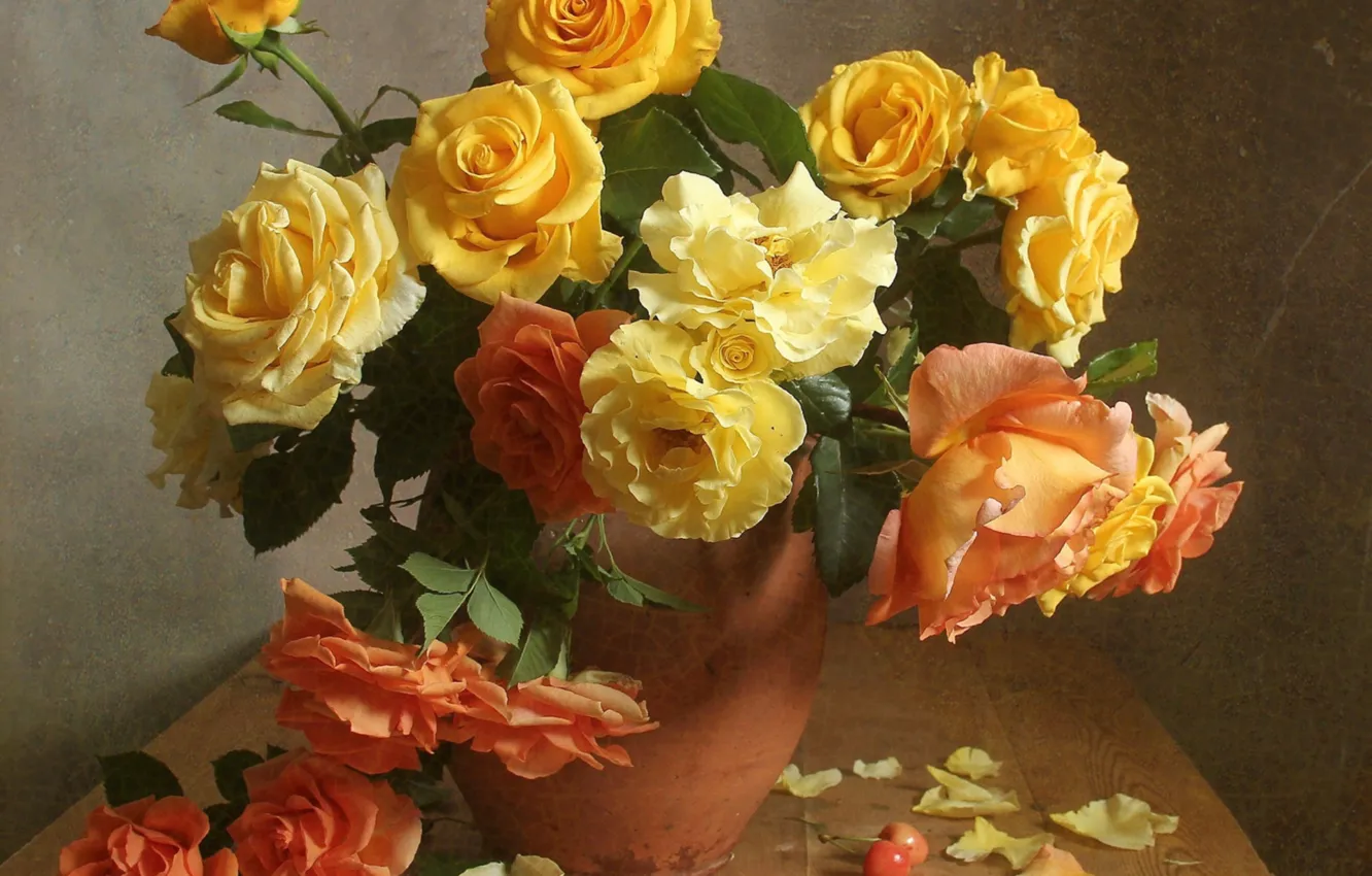 Фото обои желтый, розы, букет, роскошные