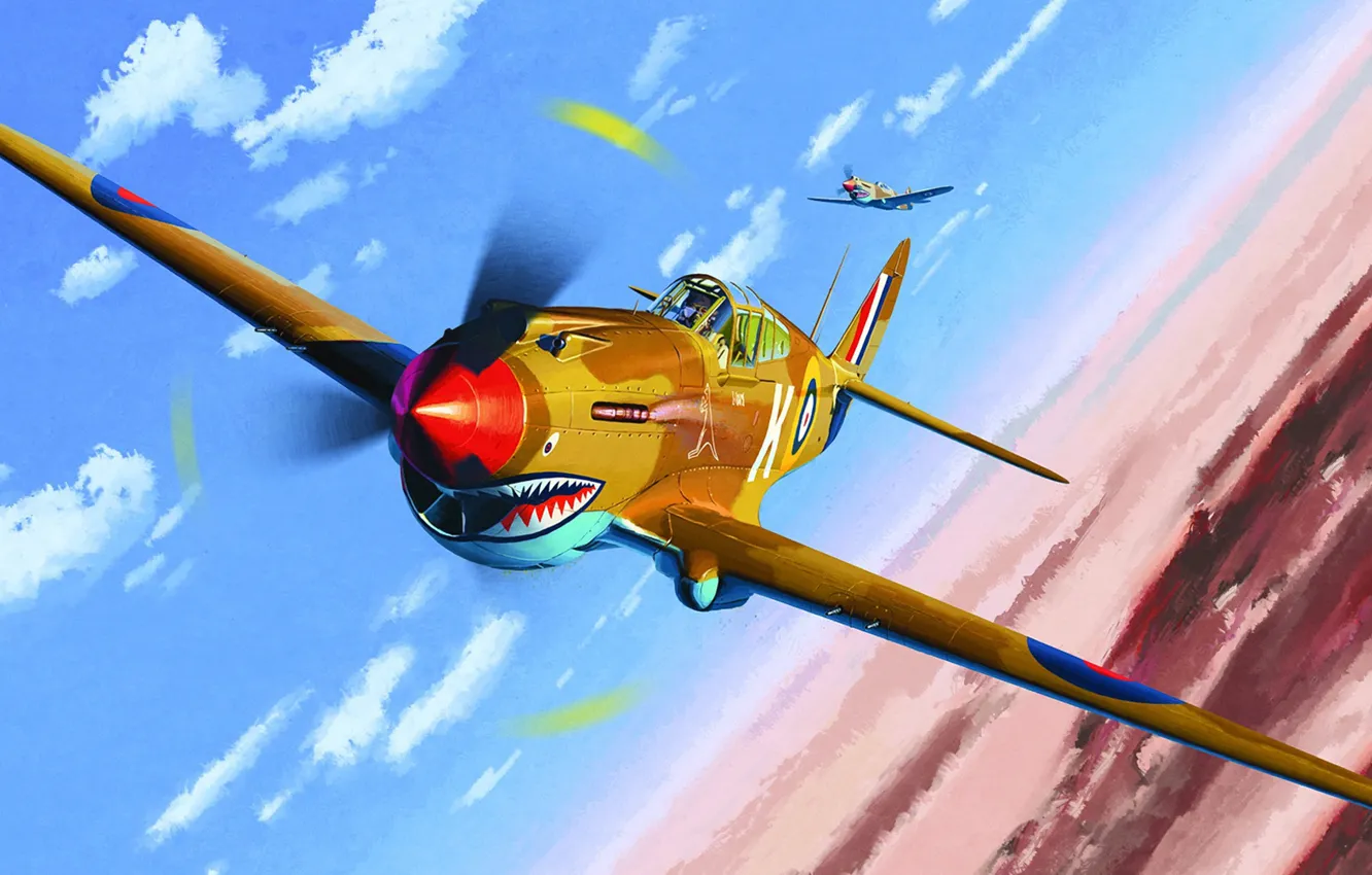 Фото обои Curtiss, P-40C, американский истребитель, Королевские военно-воздушные силы Великобритании, Tomahawk IIB