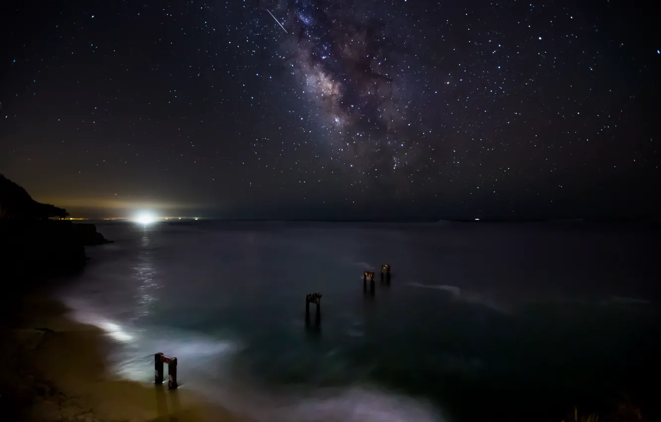 Фото обои море, звезды, ночь, пространство, млечный путь