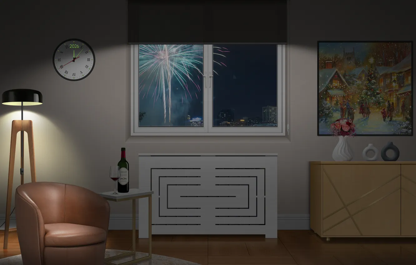 Фото обои christmas, new year, living room, fireworks, floor lamp, wall clock, 2026 year