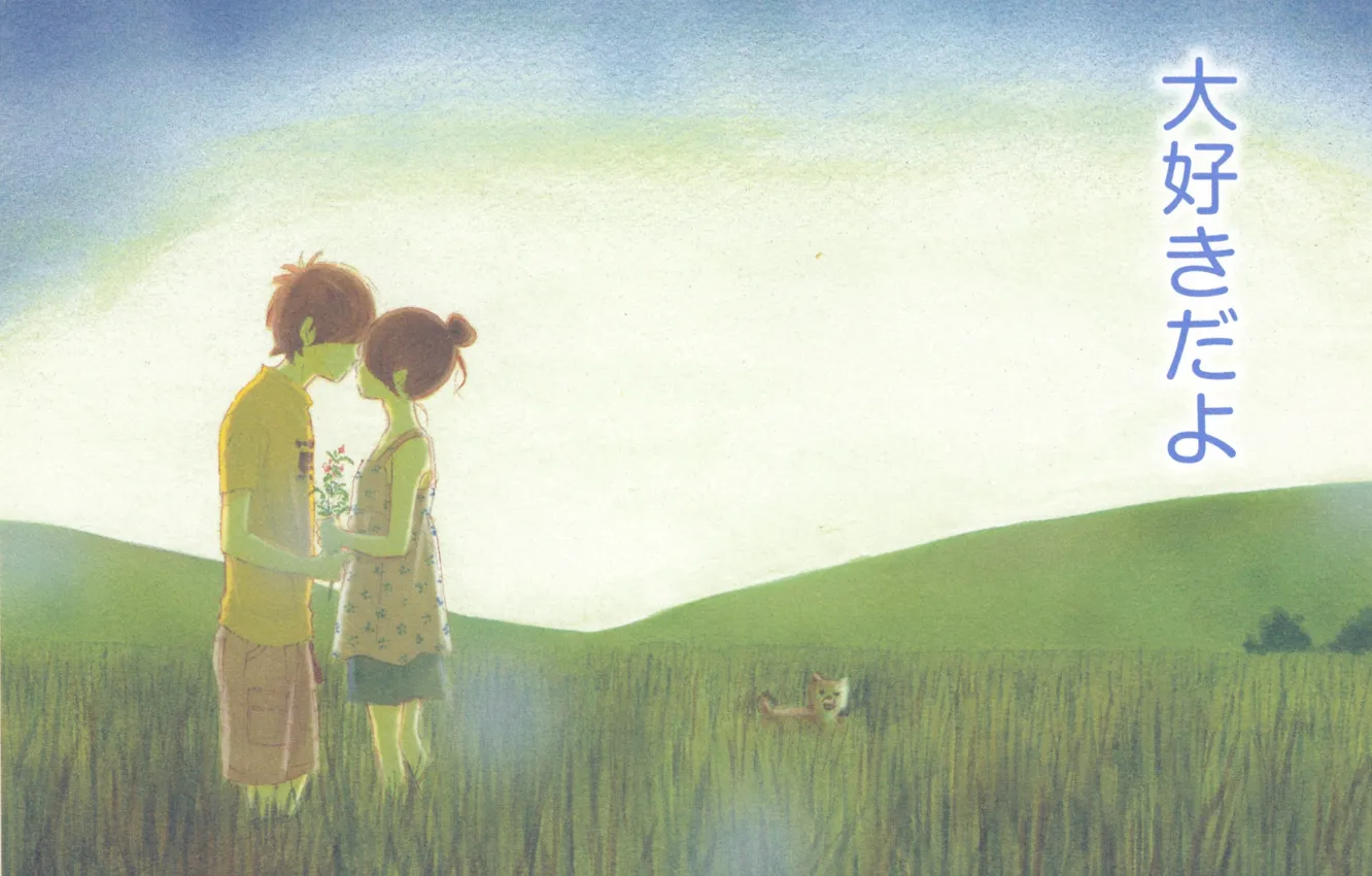Фото обои поле, лето, трава, поцелуй, горизонт, иероглифы, щенок, двое