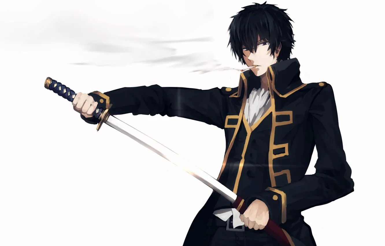 Фото обои меч, аниме, сигарета, парень, курит, униформа, Gintama, Hijikata Toushirou