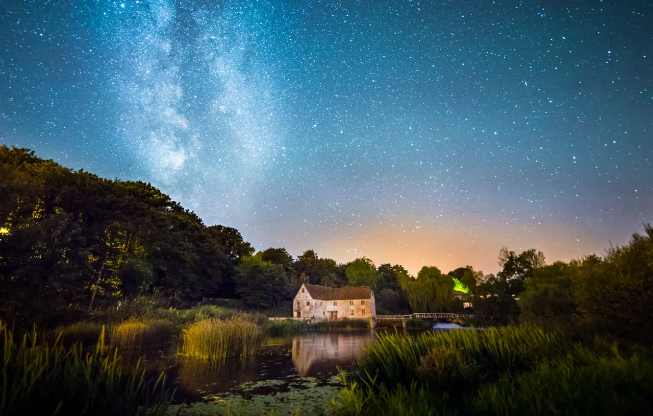 Фото обои мост, озеро, дома, house, млечный путь, bridge, lake, Milky Way