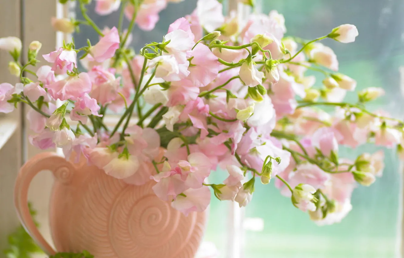 Фото обои цветы, розовый, букет, окно, ваза