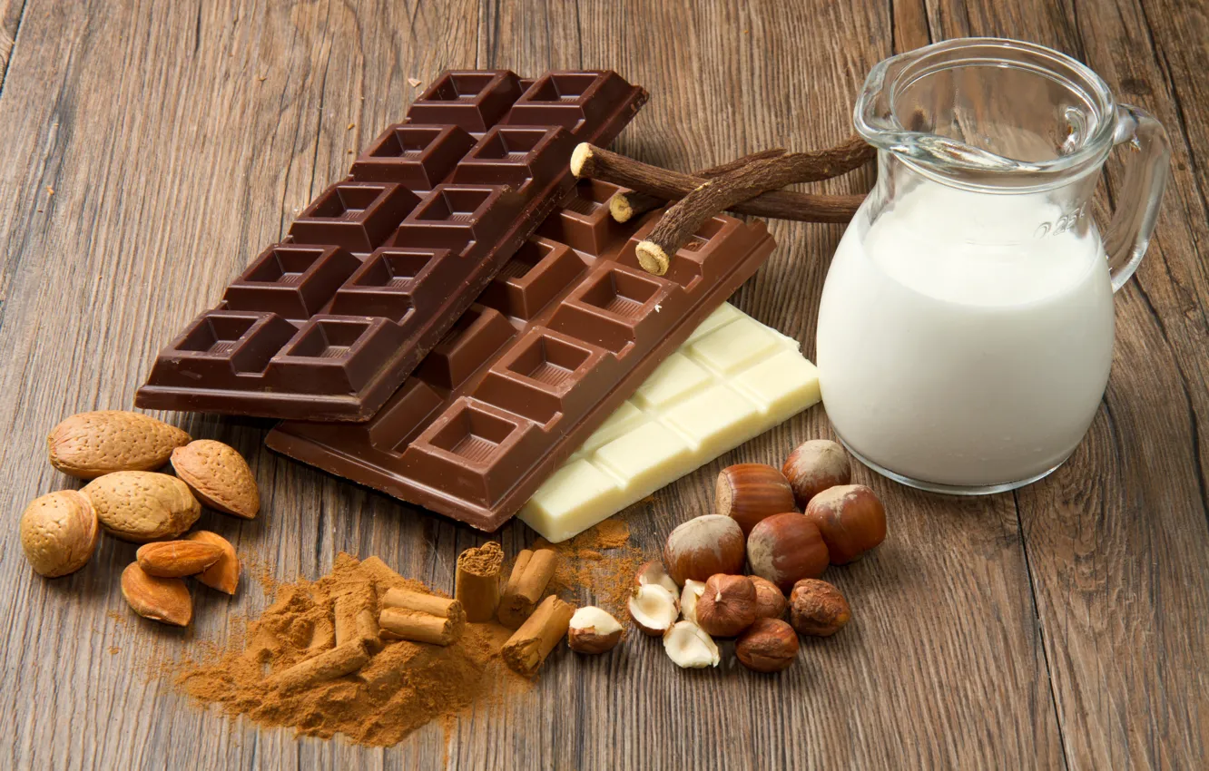 Фото обои шоколад, молоко, орехи, миндаль, сладкое, фундук