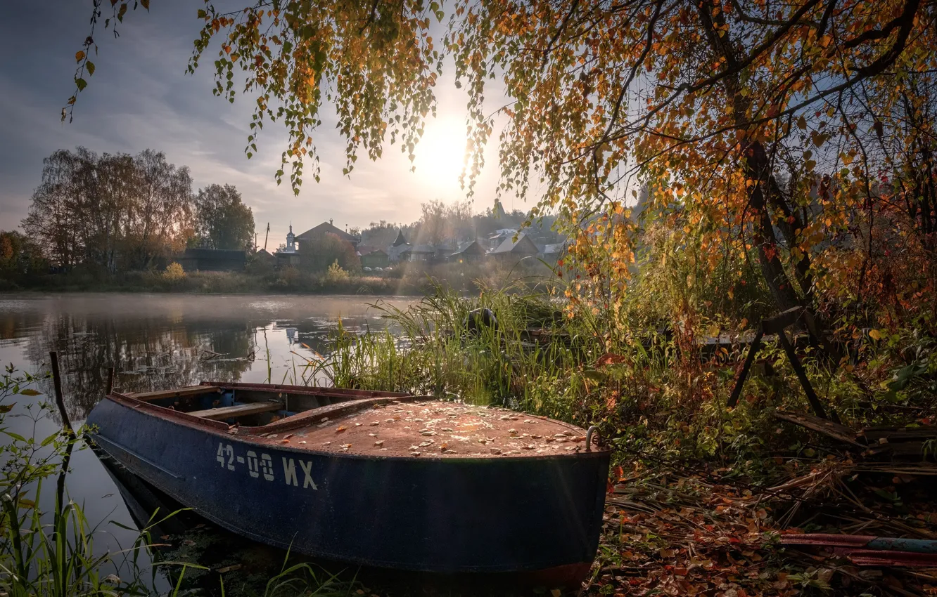 Фото обои осень, пейзаж, природа, город, река, лодка, утро, Плёс