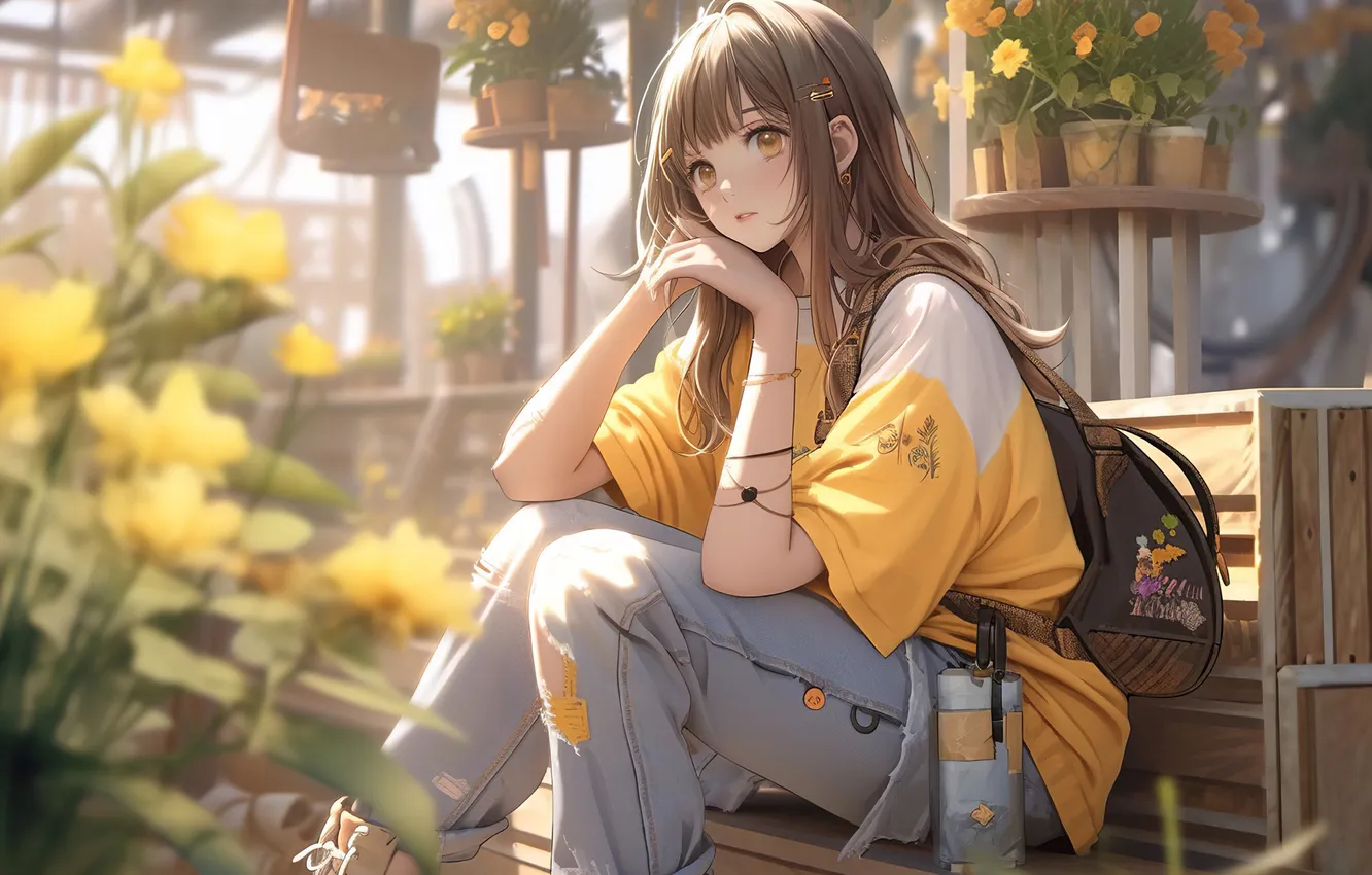 Фото обои девушка, flowers, jeans, brunette, boots, anime girls, T-shirt, schoolgirl