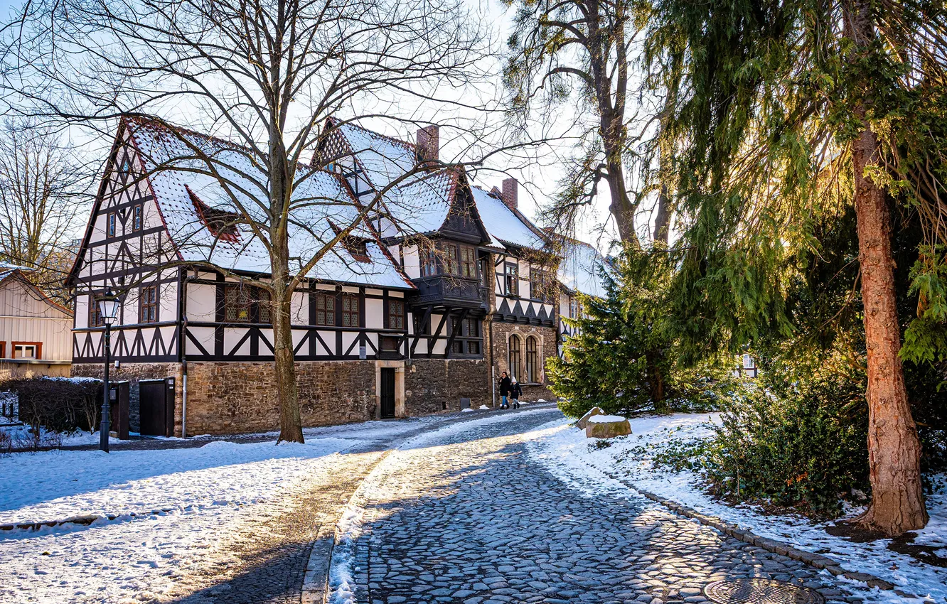 Фото обои Дома, Деревья, Германия, Снег, Улица, Wernigerode