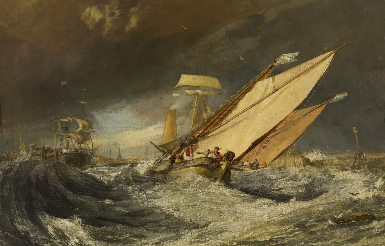 Фото обои море, волны, шторм, люди, корабль, картина, парус, морской пейзаж