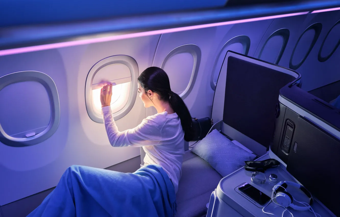 Фото обои Девушка, Самолет, Иллюминатор, Airbus, Аэробус, Airbus A320, Узкофюзеляжный самолет, Narrow-body aircraft