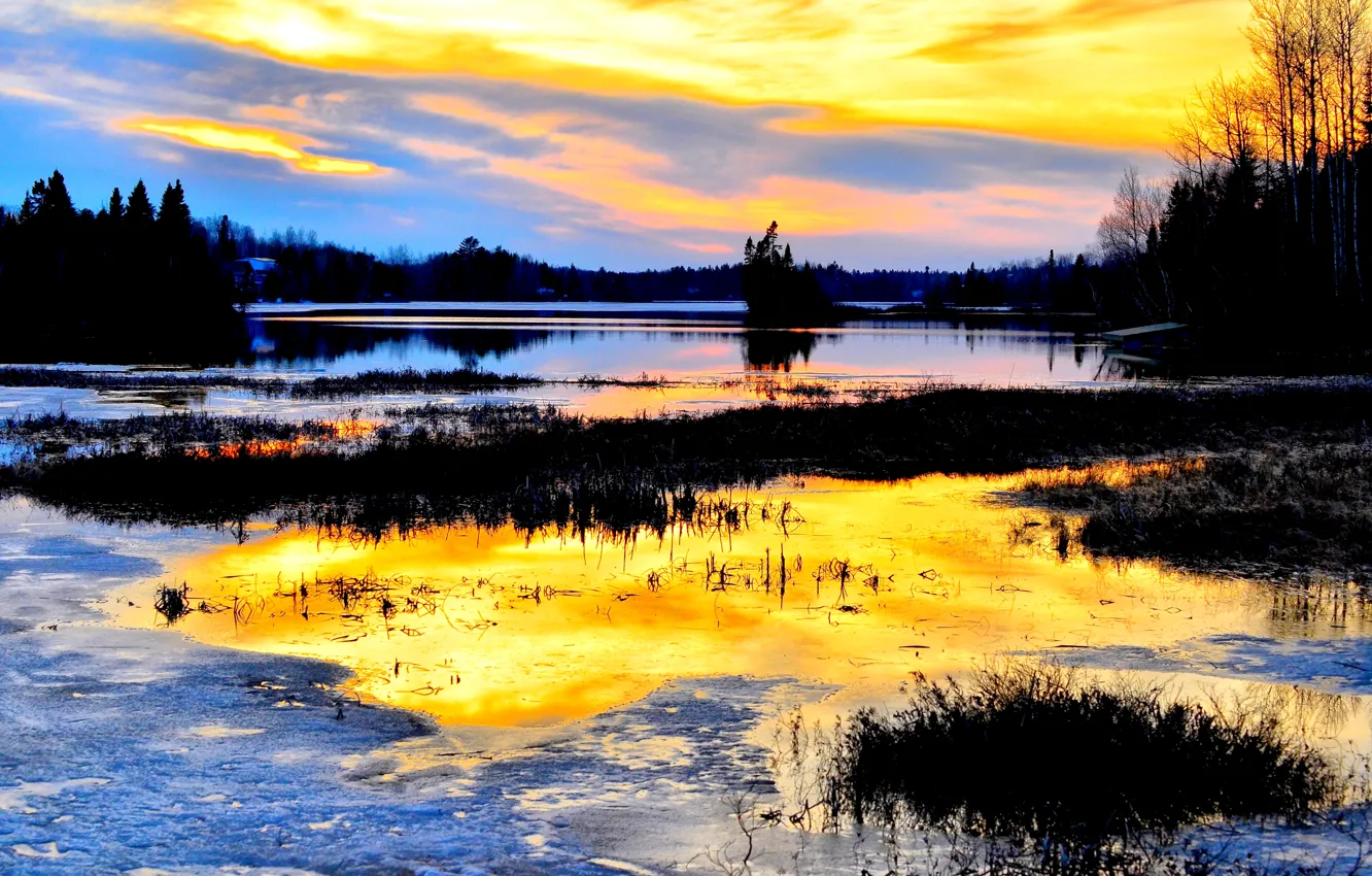 Фото обои Canada, nature, sunset, wood, water, lake, dawn, blue sky