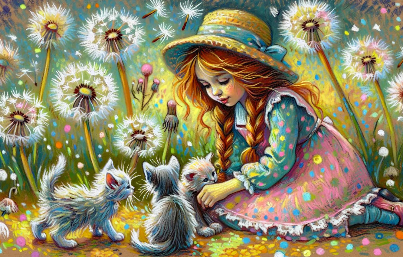 Фото обои лето, кошки, цветы, поляна, весна, платье, девочка, котята