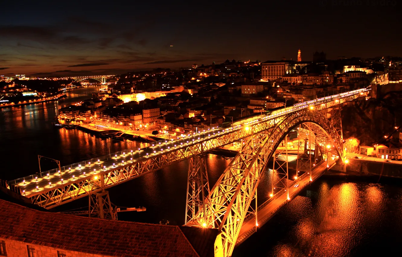 Фото обои ночь, мост, город, река, river, bridge, night, Porto sentido