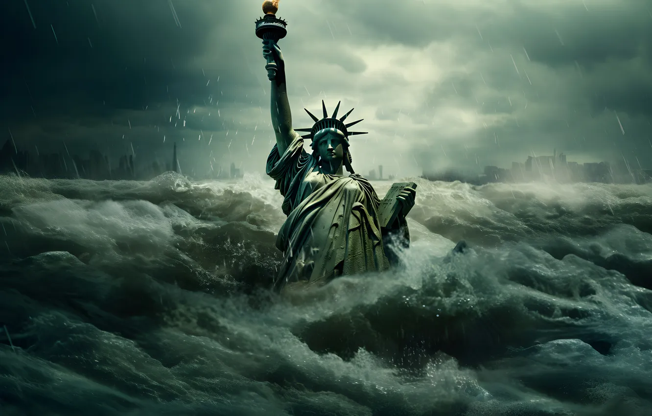 Фото обои Вода, Облака, Нью-Йорк, Статуя, Дождь, США, Статуя Свободы, United States