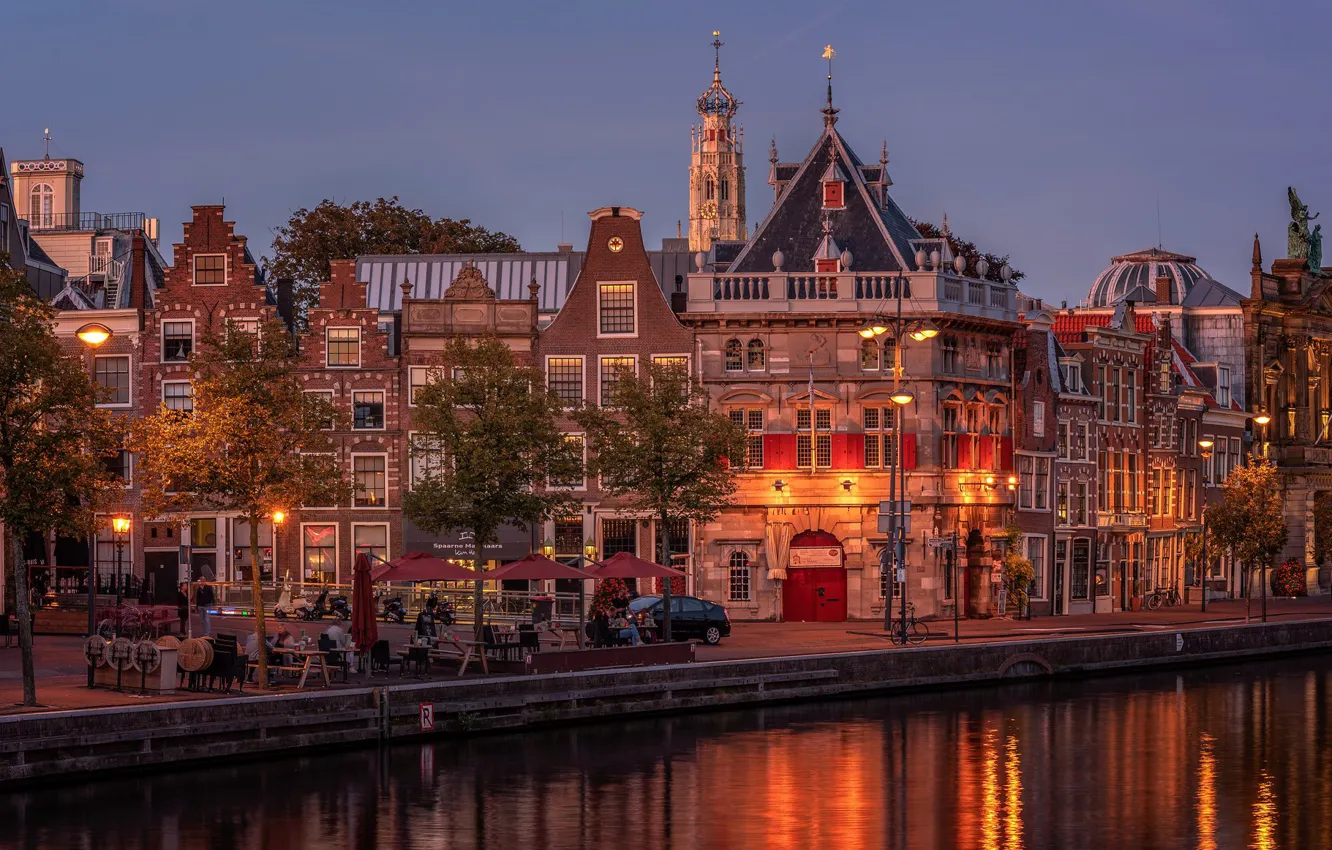 Фото обои река, дома, Амстердам, кафе, Нидерланды, набережная, Голландия