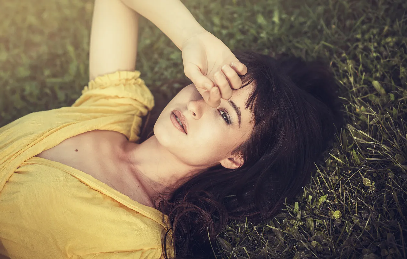 Фото обои взгляд, девушка, брюнетка