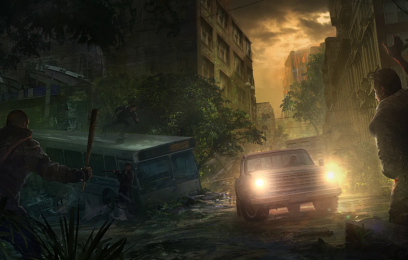 Фото обои машина, город, вечер, бандиты, Элли, The Last of Us, Джоэл, мородеры