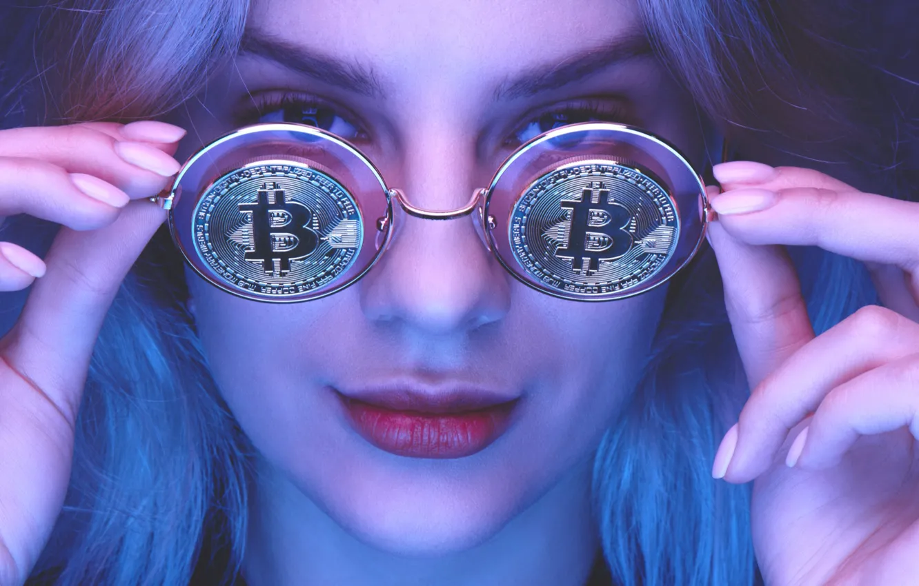 Фото обои girl, glasses, coin, bitcoin
