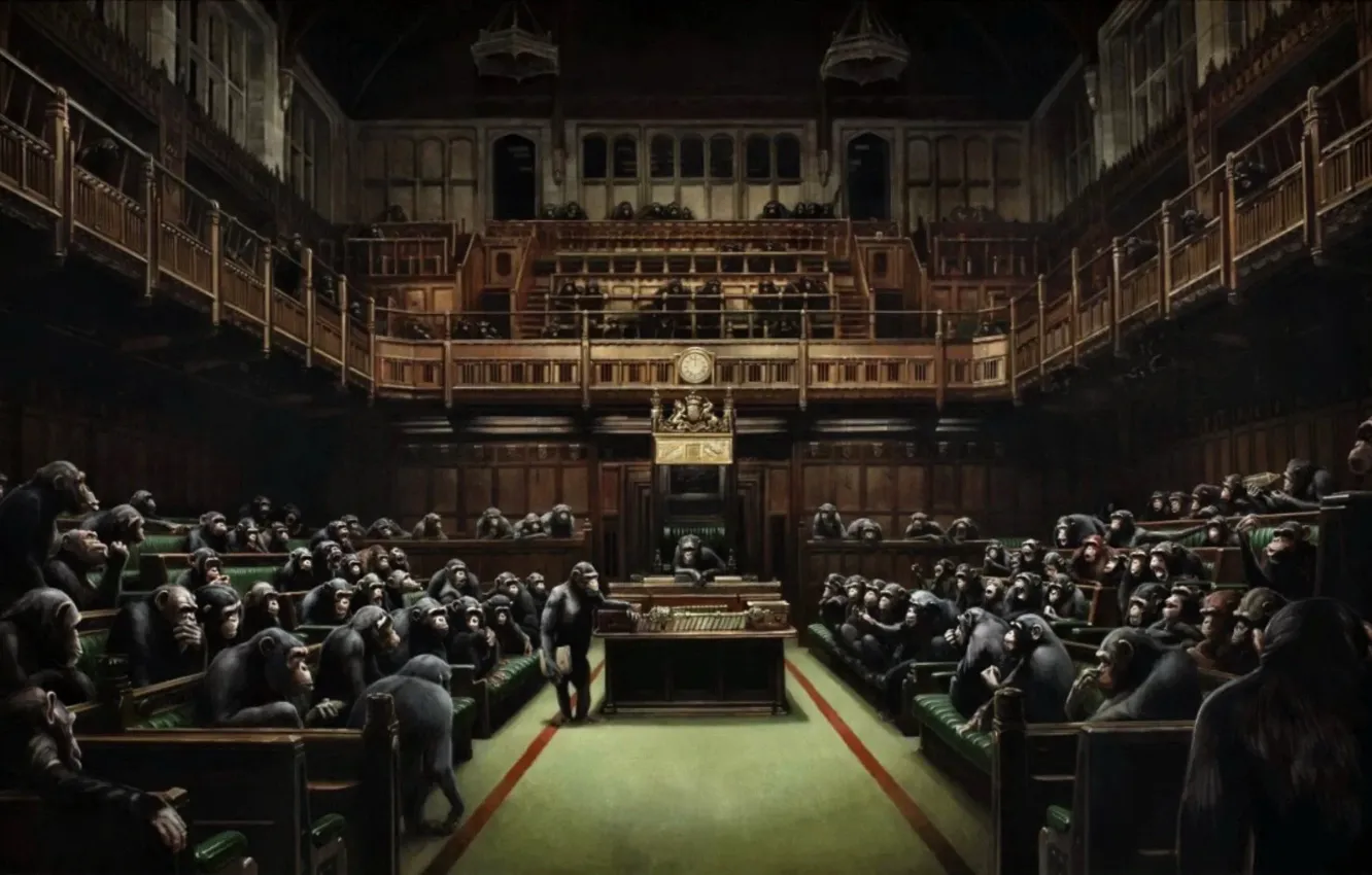 Фото обои картина, Бэнкси, Devolved Parliament, Обезьяны в британском парламенте