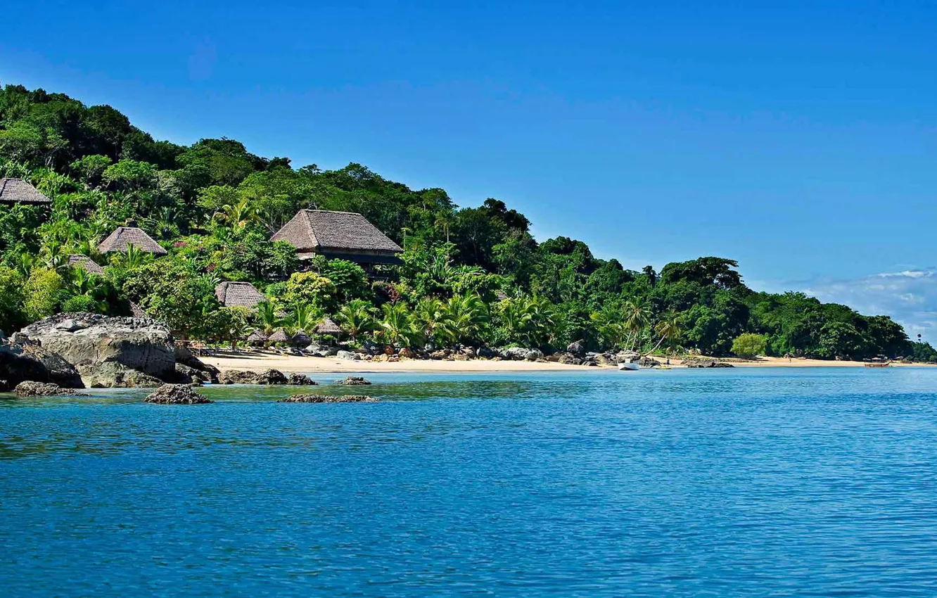 Фото обои пляж, океан, побережье, растительность, курорт, Мадагаскар, Madagascar, Tsara Komba lodge