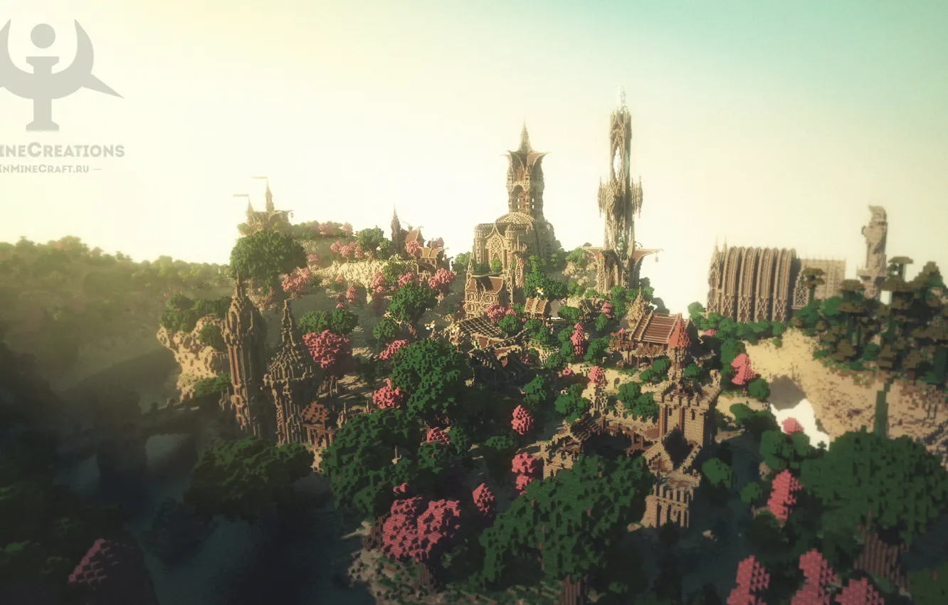 Фото обои лес, небо, мост, город, река, башня, fantasy, Minecraft