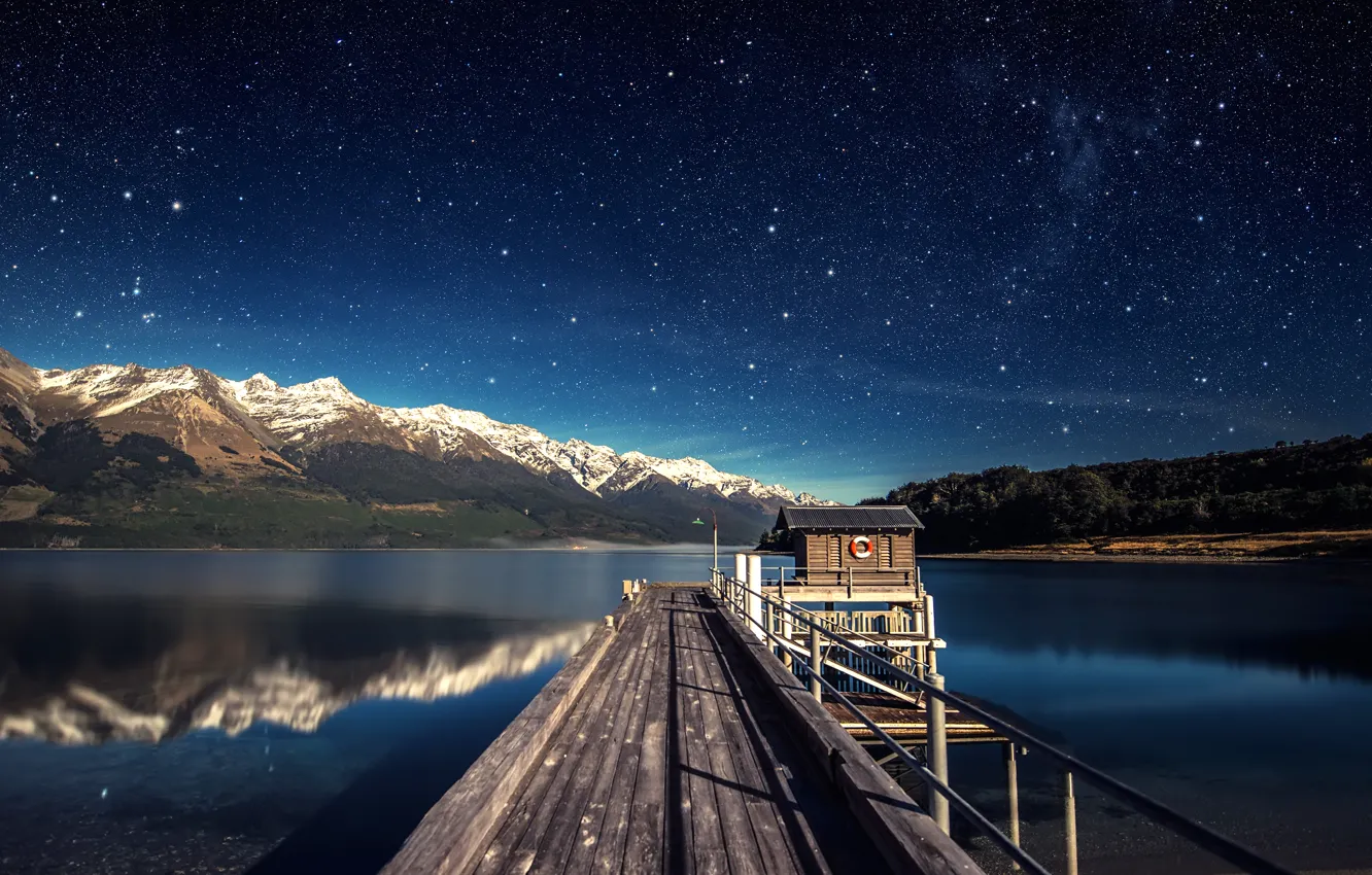 Фото обои sky, lake, stars, and, Pier