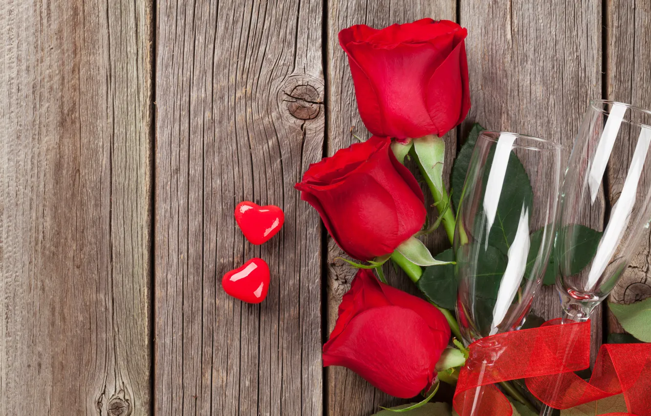 Фото обои любовь, цветы, розы, букет, бокалы, сердечки, красные, red