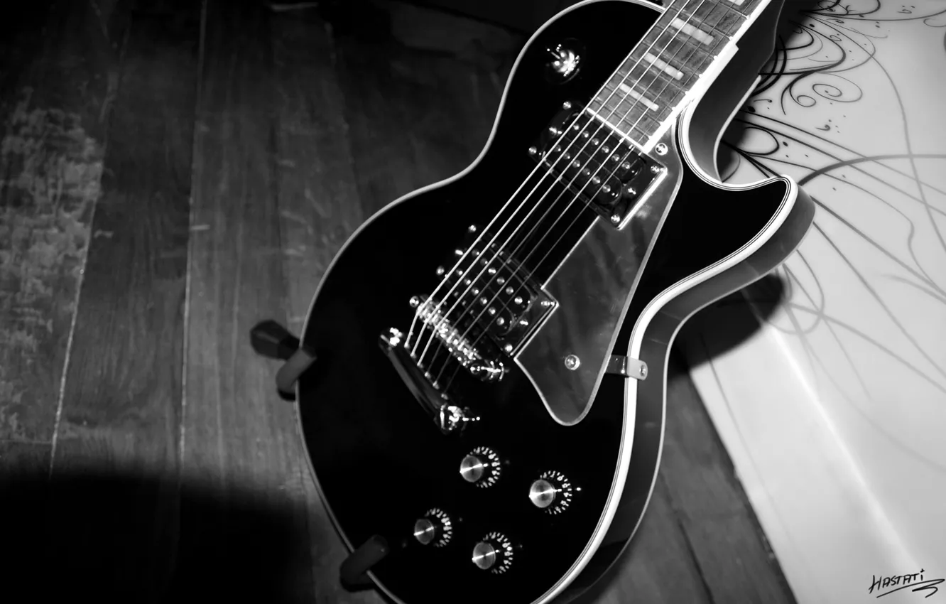 Фото обои стиль, гитара, чёрно-белое, струны, корпус, инструмент, гриф, музыкальный