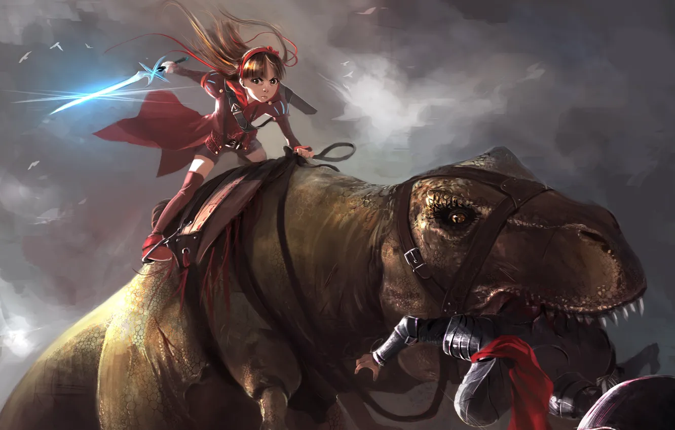 Фото обои девушка, оружие, динозавр, меч, арт, враг, ремни