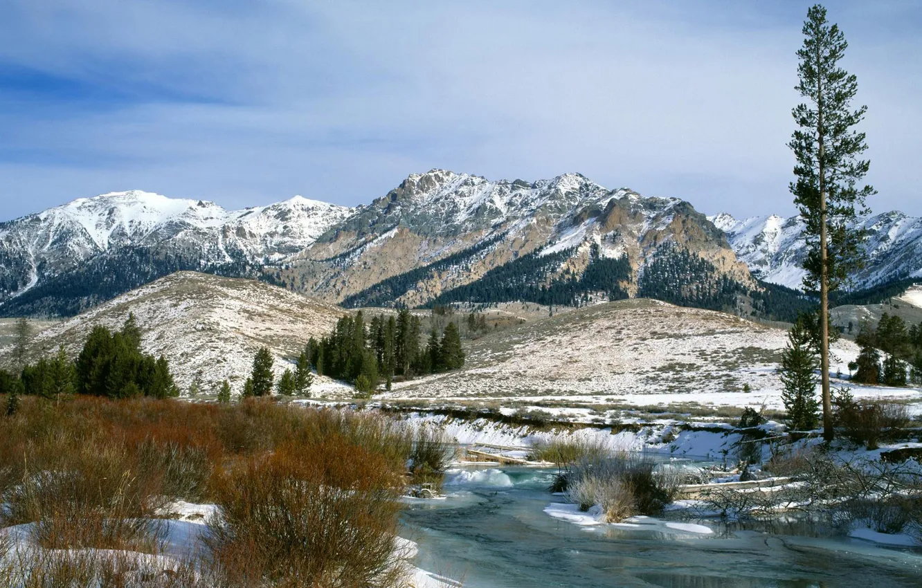 Фото обои зима, снег, пейзаж, горы, река, Природа, кусты