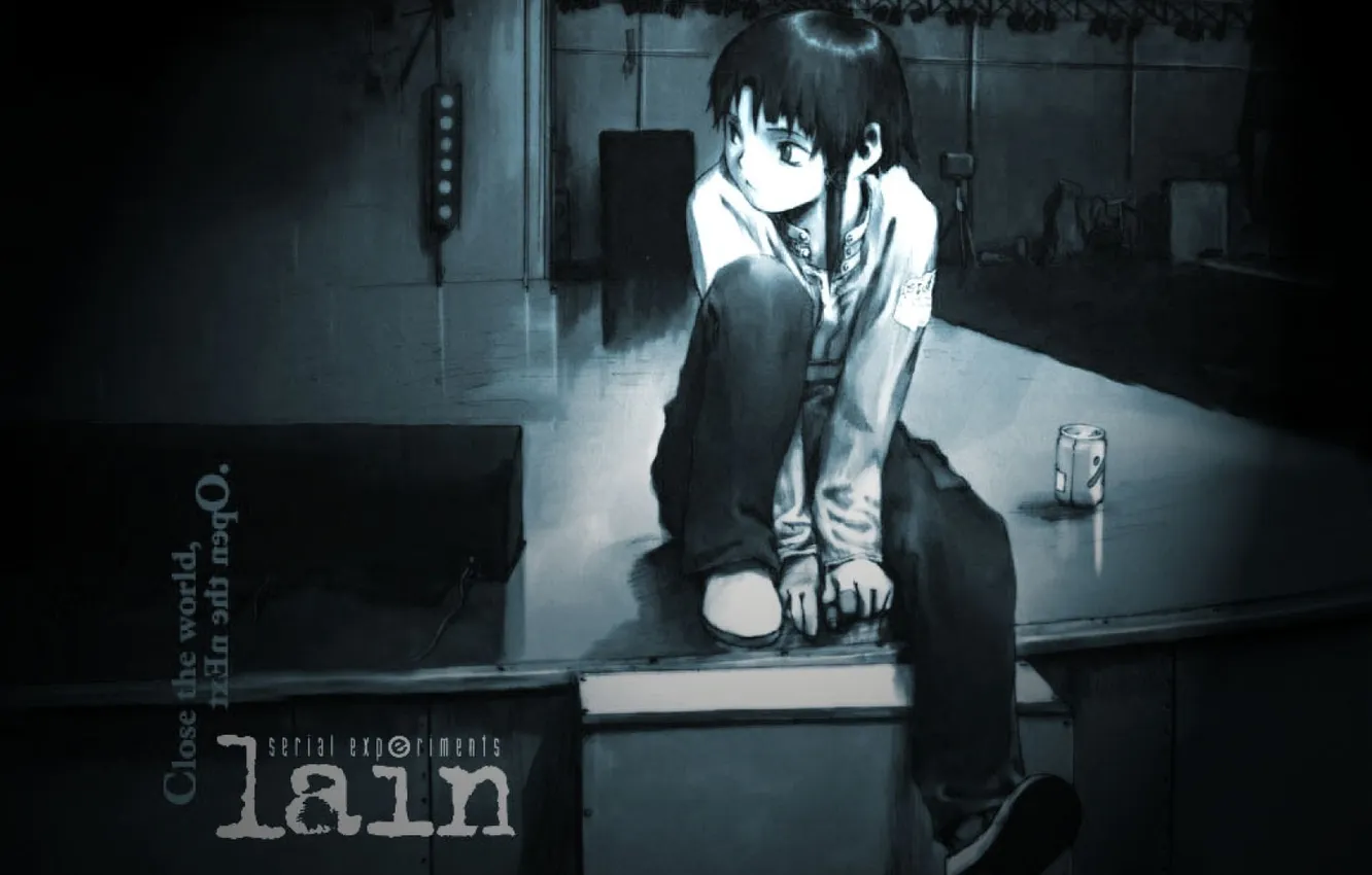 Фото обои банка, сидит, Serial Experiments Lain, Лэйн Ивакура