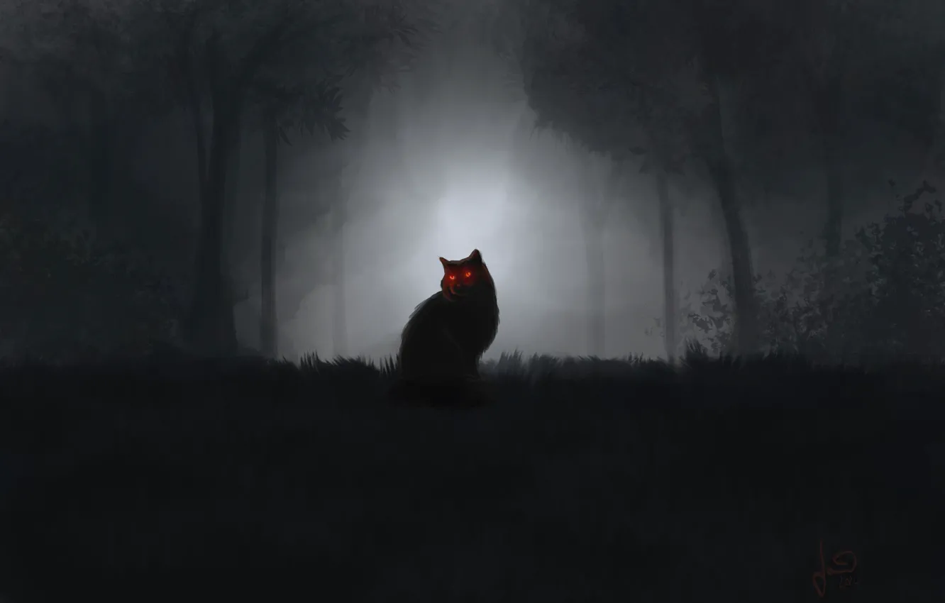 Фото обои Ночь, Кошка, Деревья, Кот, Арт, Night, Cat, Животное