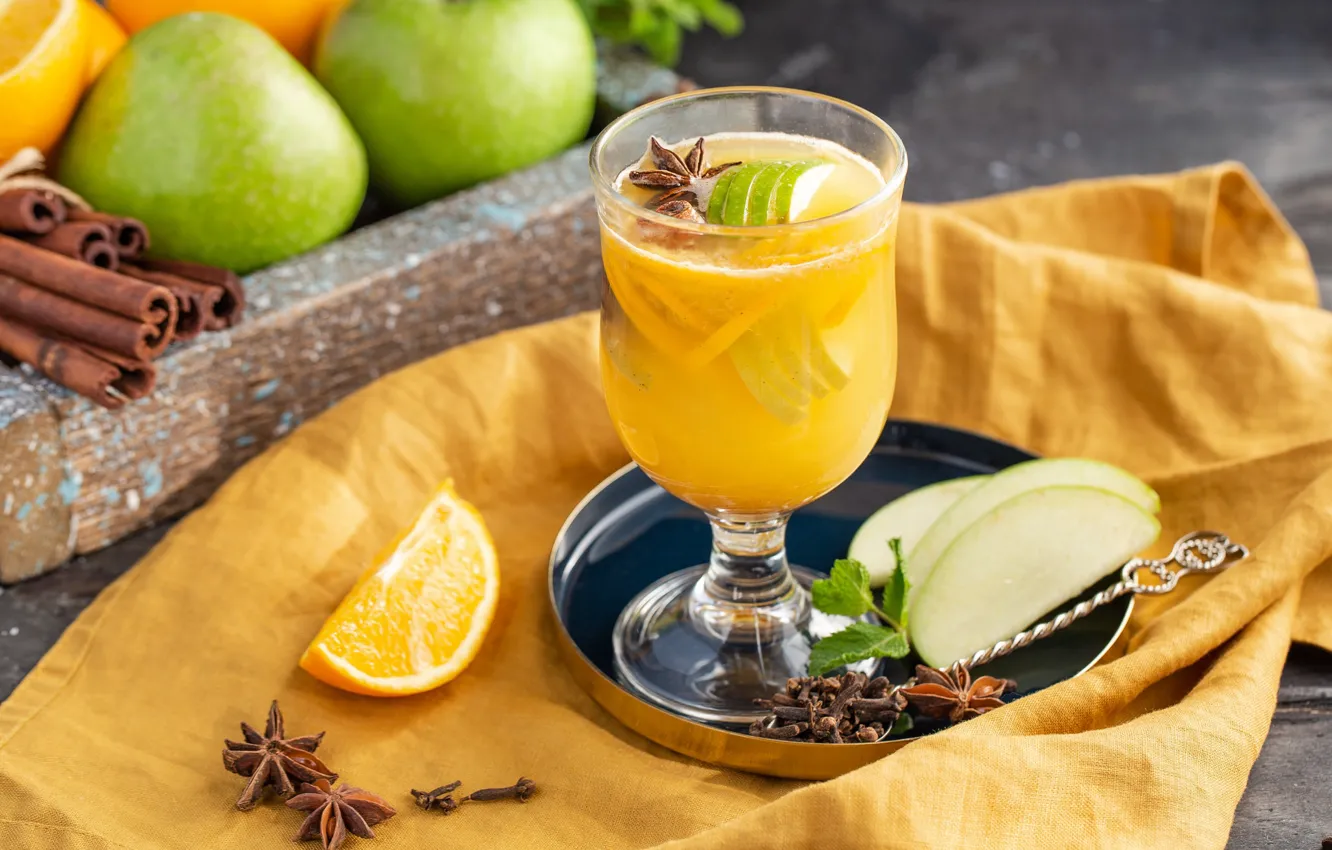 Фото обои яблоки, сок, цитрус, гвоздика апельсин
