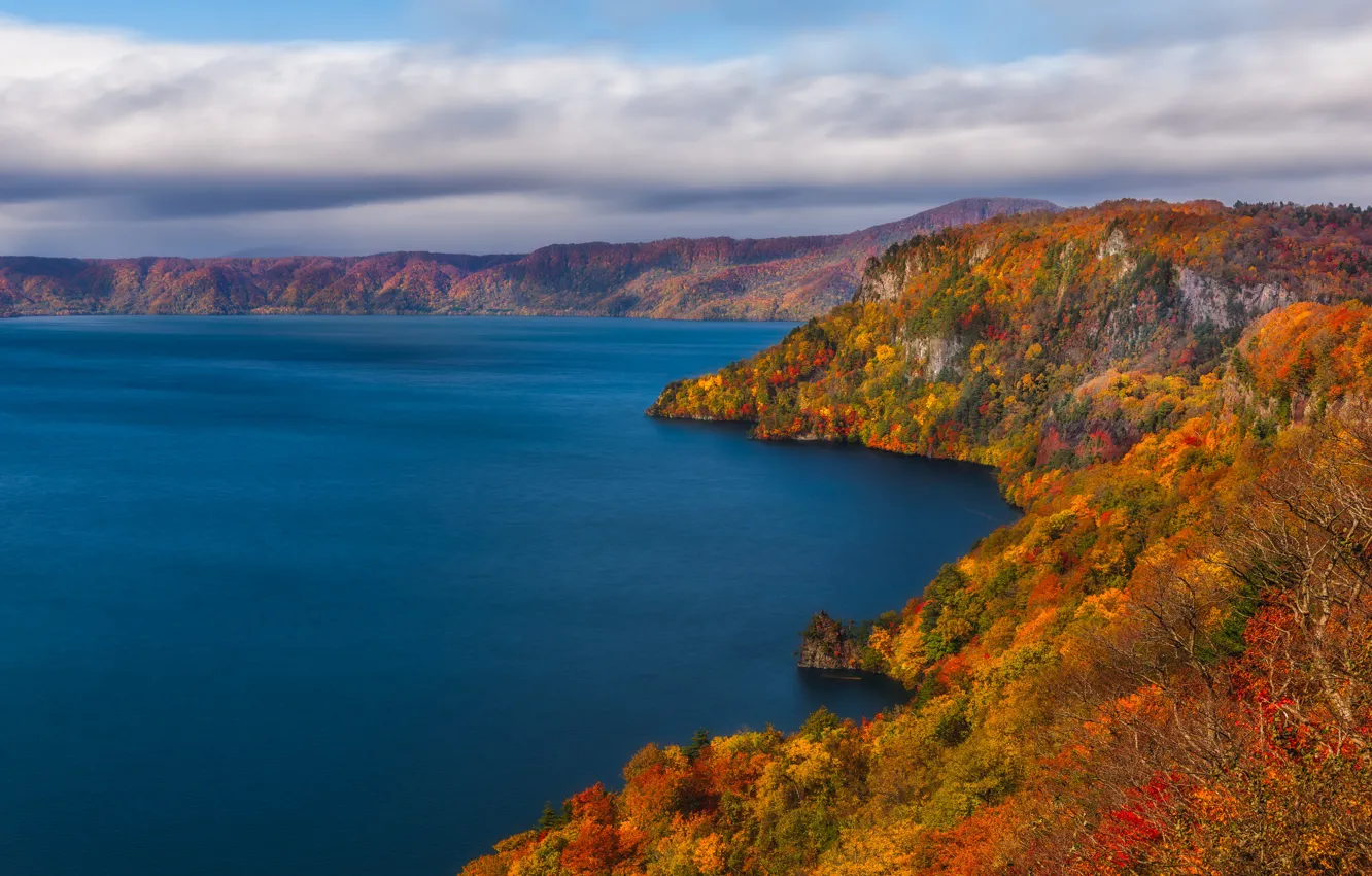 Фото обои осень, горы, холмы, Япония, водоем, золотая осень, кроны деревьев