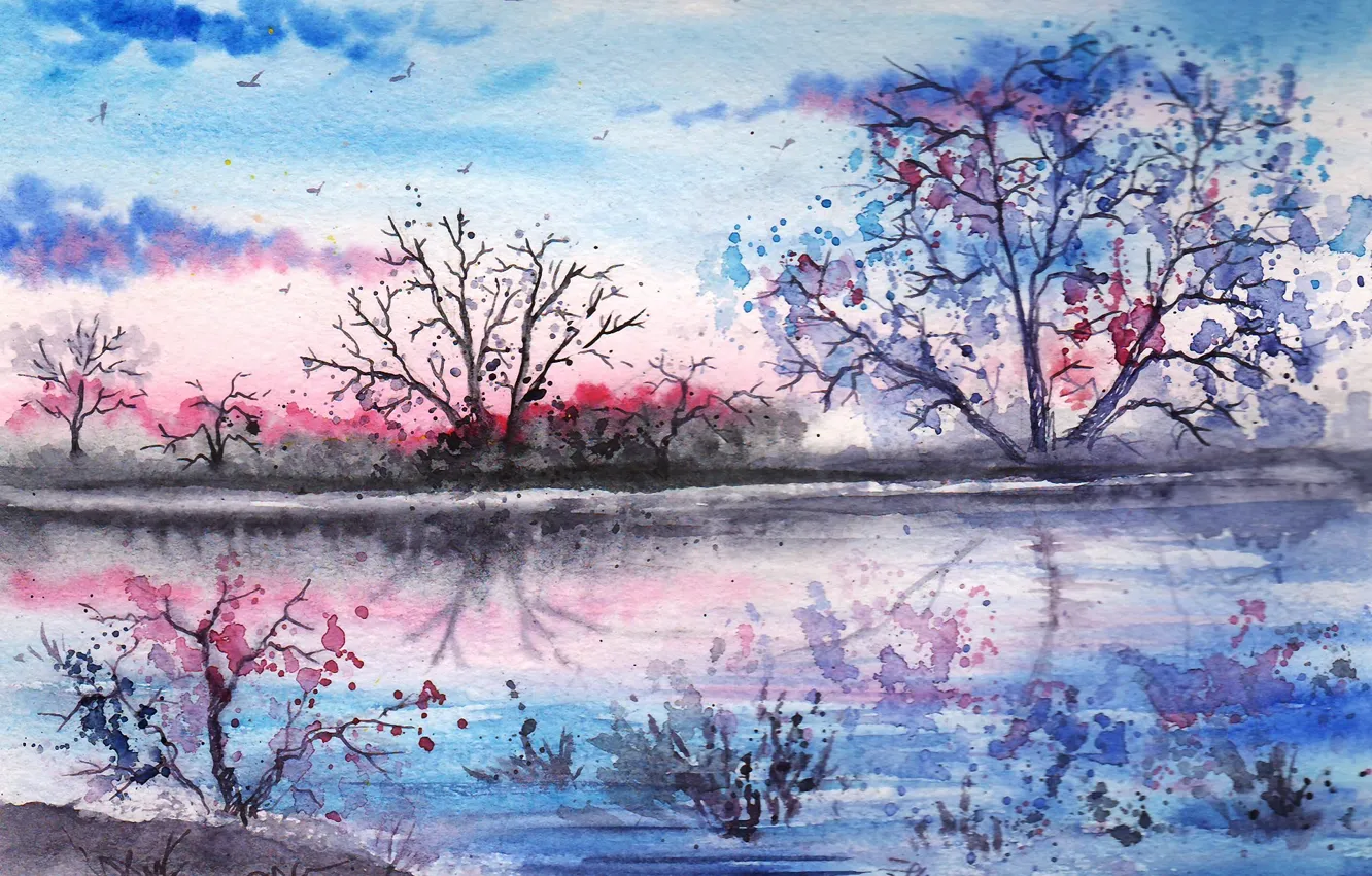 Фото обои деревья, птицы, озеро, отражение, вечер, акварель, нарисованный пейзаж