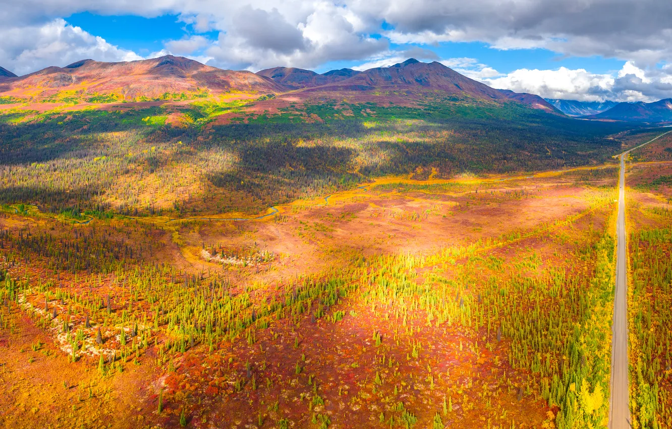 Фото обои Горы, Осень, Панорама, США, Пейзаж, Парки, Denali National Pаrk