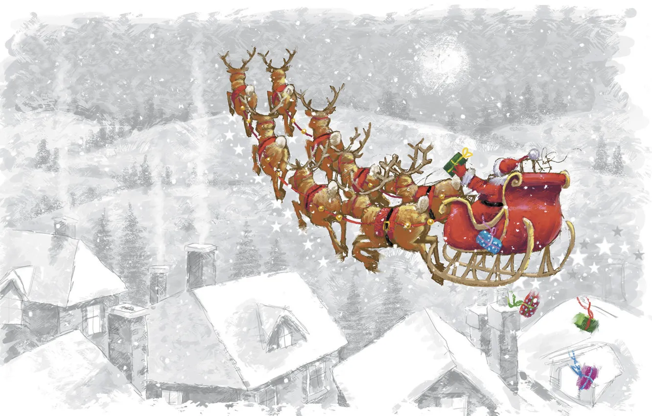 Фото обои праздник, рисунок, дома, сани, Санта Клаус, олени