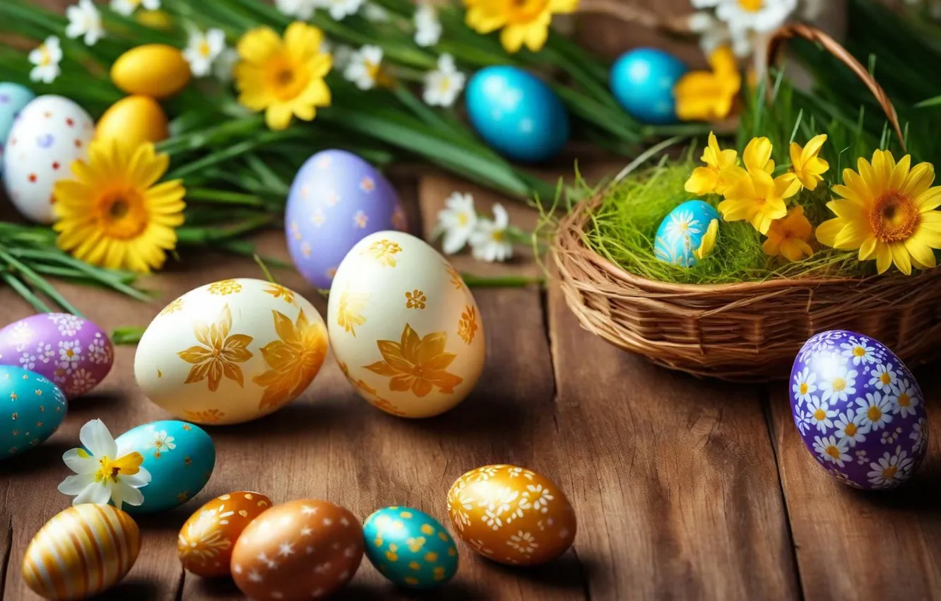 Фото обои цветы, яйца, весна, colorful, Пасха, happy, flowers, spring