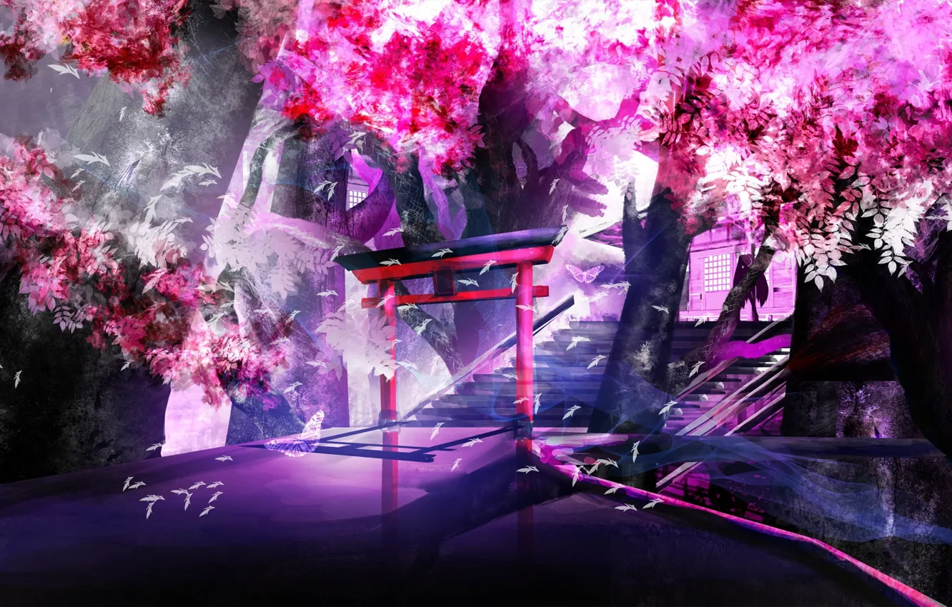 Фото обои листья, деревья, бабочка, тень, ворота, сакура, лестница, храм