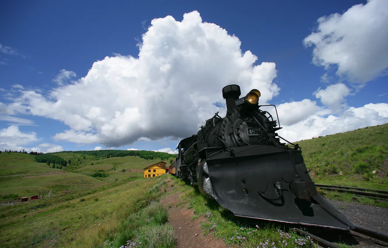 Фото обои дорога, облака, паровоз, локомотив, Железная