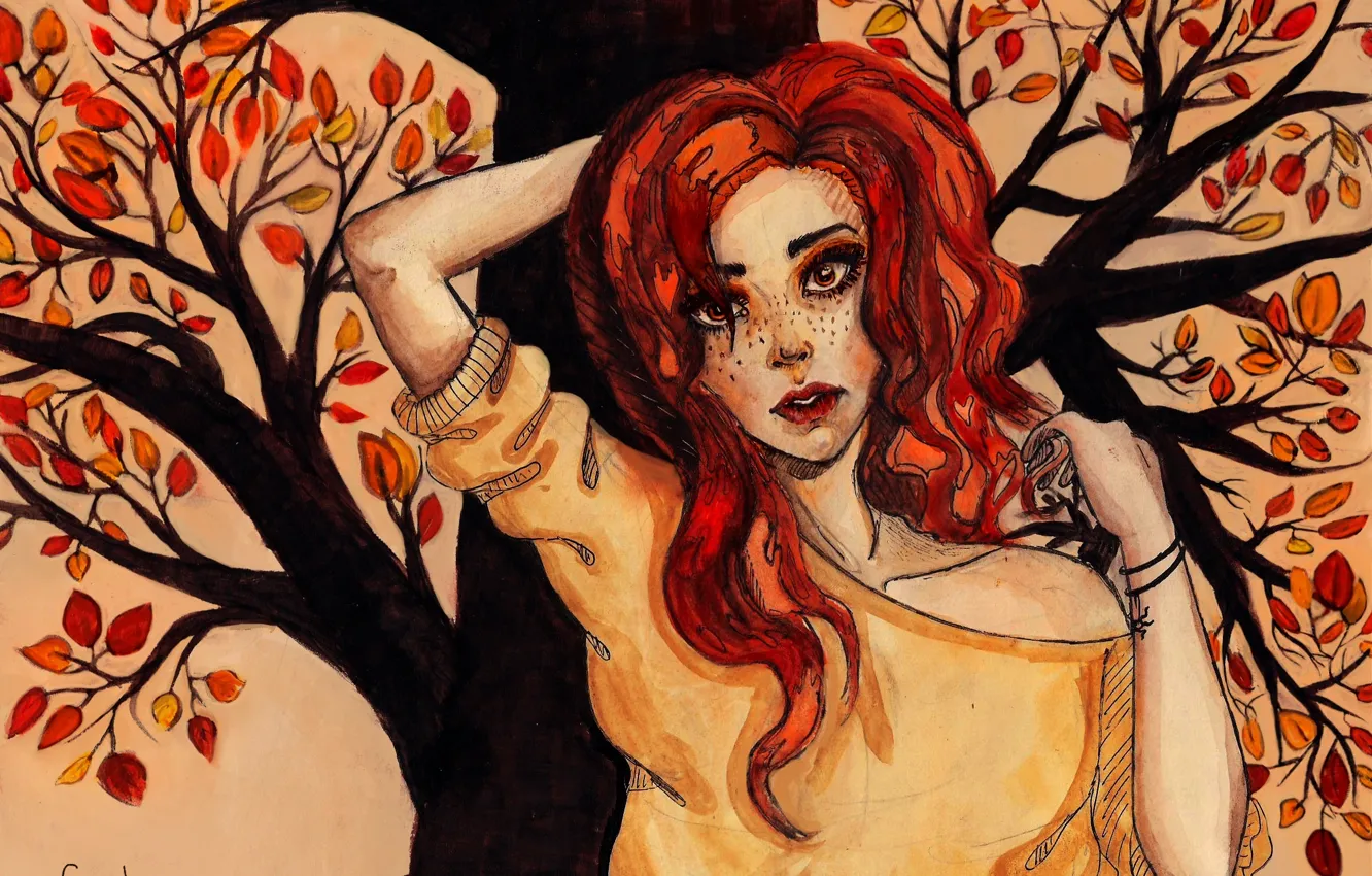 Фото обои осень, взгляд, листья, девушка, лицо, дерево, волосы, руки